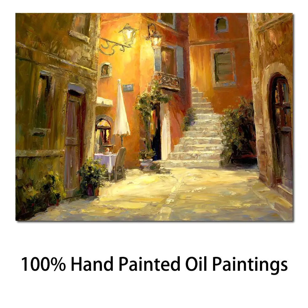 

Wall Art Village Paintings Lighted Alley Hand-Painted Oil Paintings Street Steps Home Decor