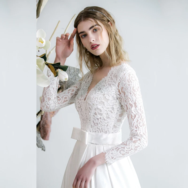 Franse V-Hals Witte Applique Kant Trouwjurken Voor Bruid Elegante Lange Prom Avondjurk Feest Vrouwen Jurk Formele Vestidos