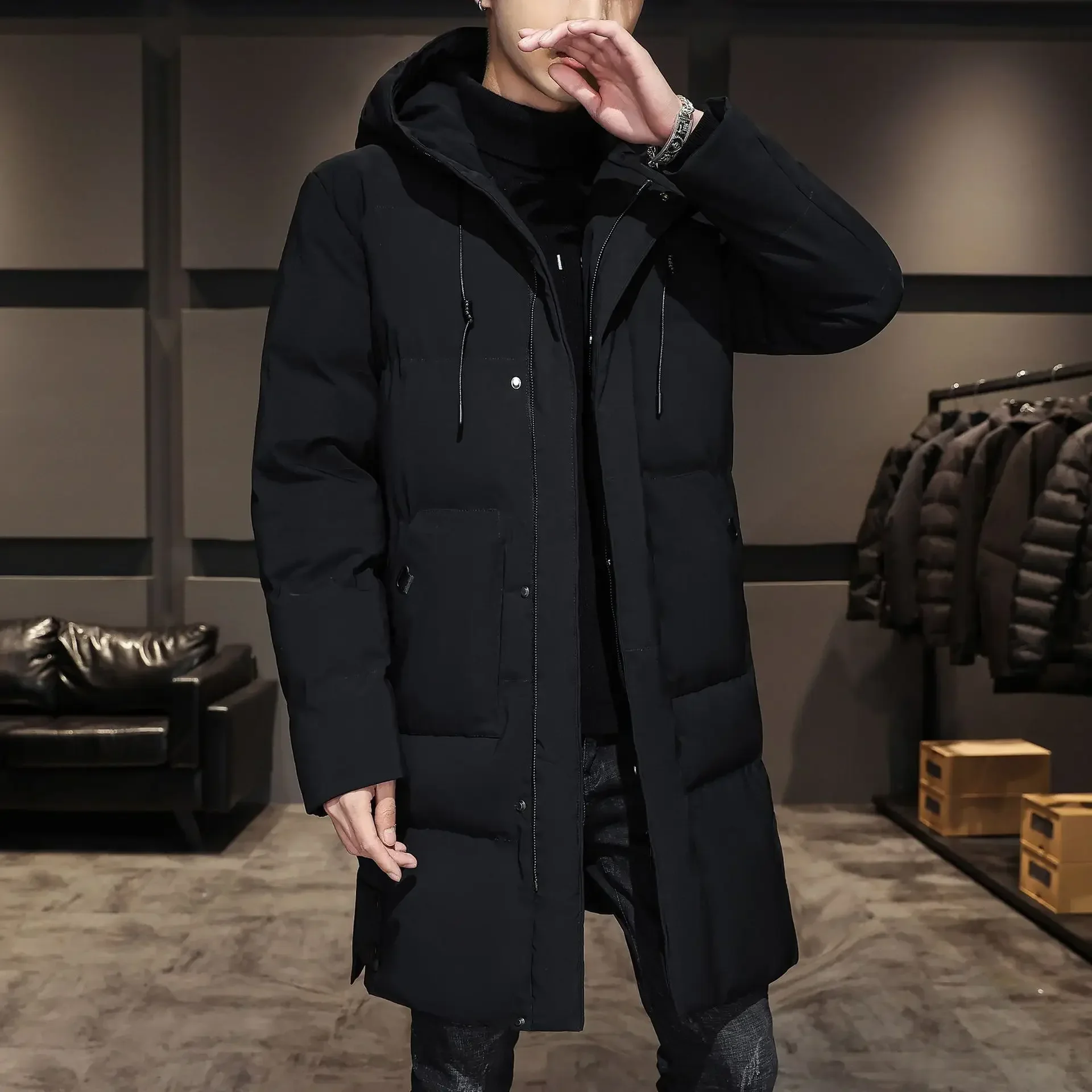 

Korean Down Cotton Jacket Winter Lengthened Cotton Coat Men's Medium-length Knee Thickened Hooded Cotton Clothing