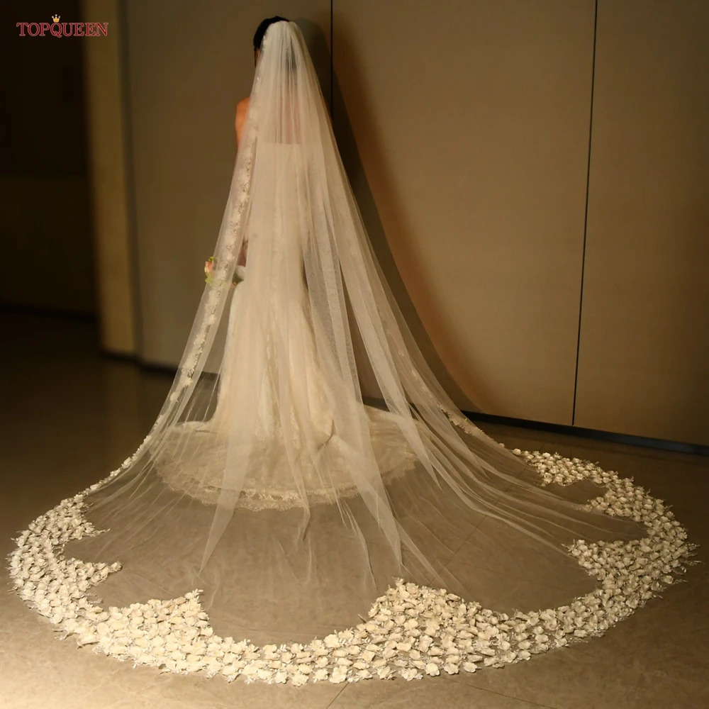 TOPQUEEN Bridal Elegant 3d Floral Lace Veil White Soft Tulle Cathedral Bridal Veil For 2024 Wedding Accessories Customizable V03