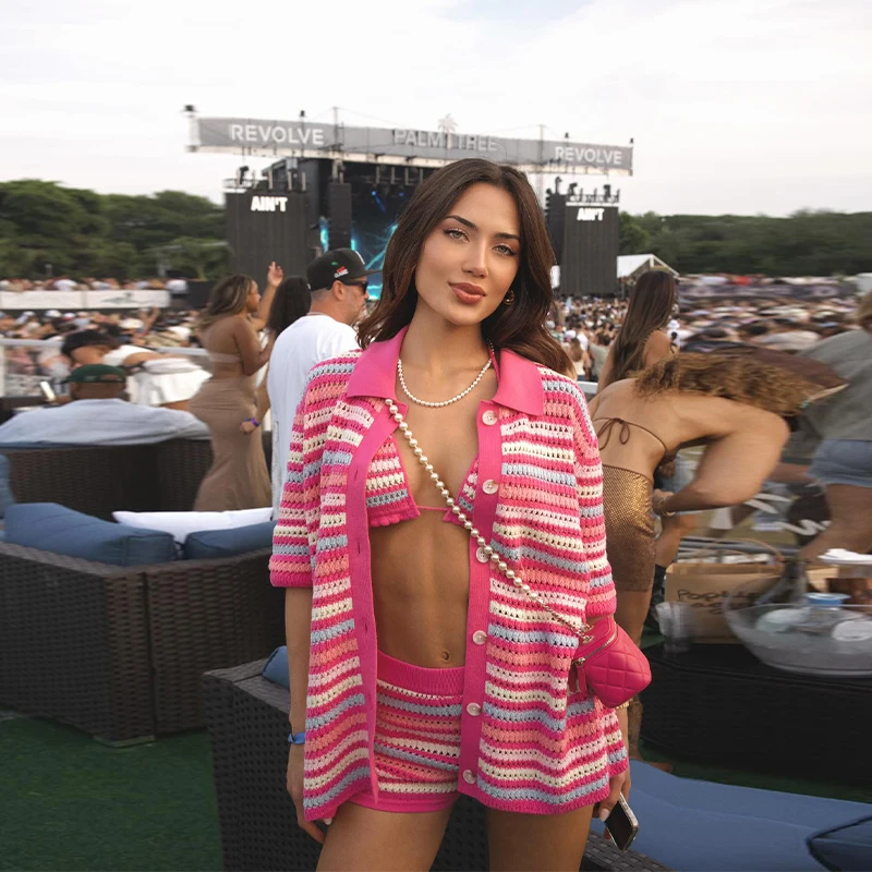 

Pink Striped Knit Bikini 3 Piece Lace Up Halter Mini Shorts Cardigan Coat Set 2025 Fashion Autumn Women's Music Festival Costume