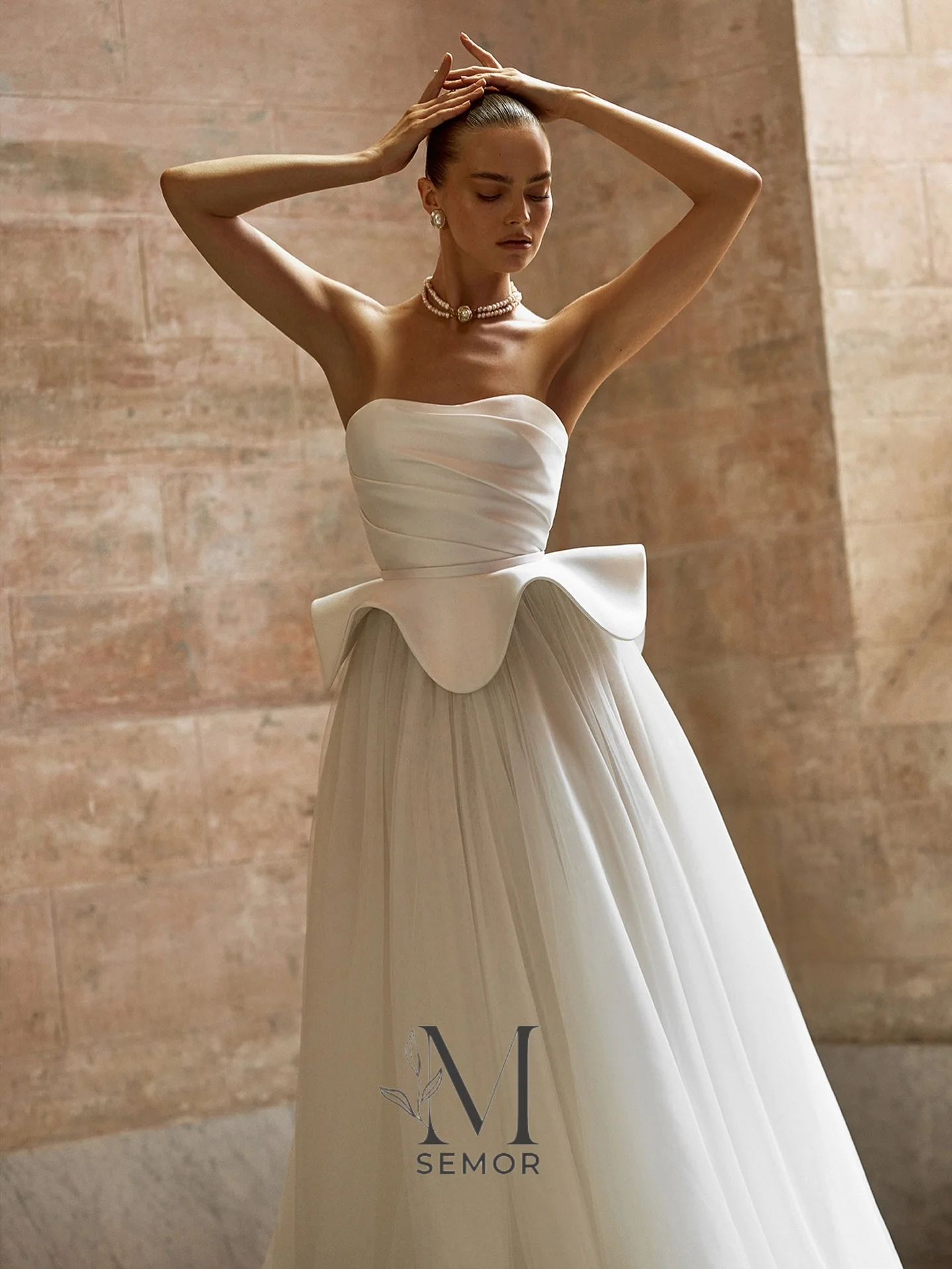 Semor Customized White Strapless Wedding Dress Ruched Satin Bodice Waist Tulle A Line Bridal Gown White Simple vestido de novia