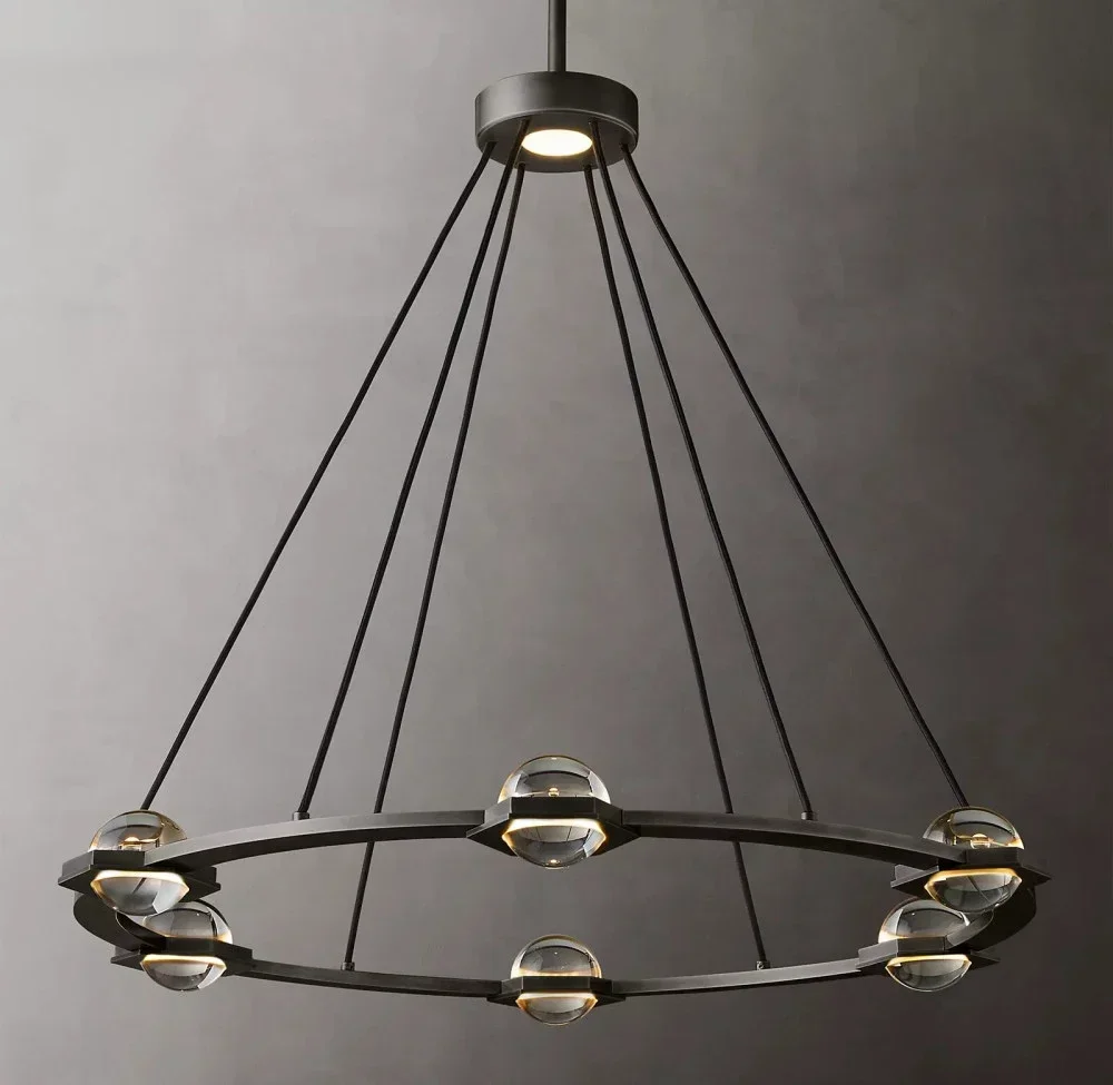 

Round chandelier modern retro LED ring transparent glass brass chrome black chandelier farmhouse living room lamp decoration