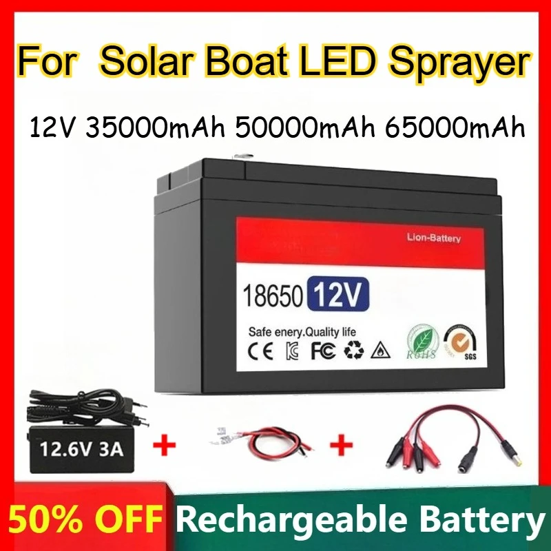 12V 35000mAh 45000mAh 50000mAh Built-in Lithium Battery for Solar Boat LED Sprayer Rechargeable Battery +12.6V 3A EU Charger
