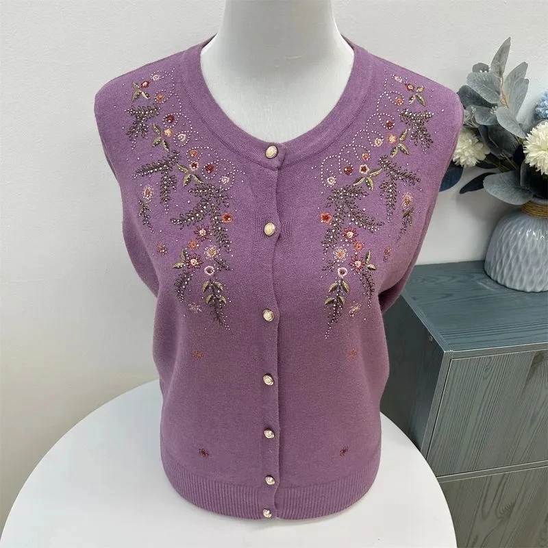 Middle Aged Elderly Women Knitted Cardigan Sweater Jacket Spring Autumn Casual Embroidered Knitwear Mother Sweater Coat M-4XL
