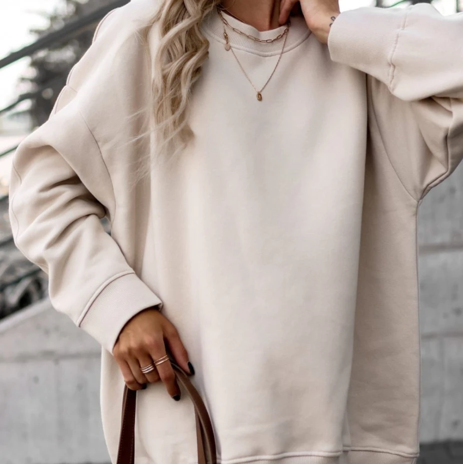 Two Piece Set Women Outfit 2023 Autumn Loose Casual Solid Color Round Neck Long Sleeve Sweatshirt & High Waist Skinny Pants Set