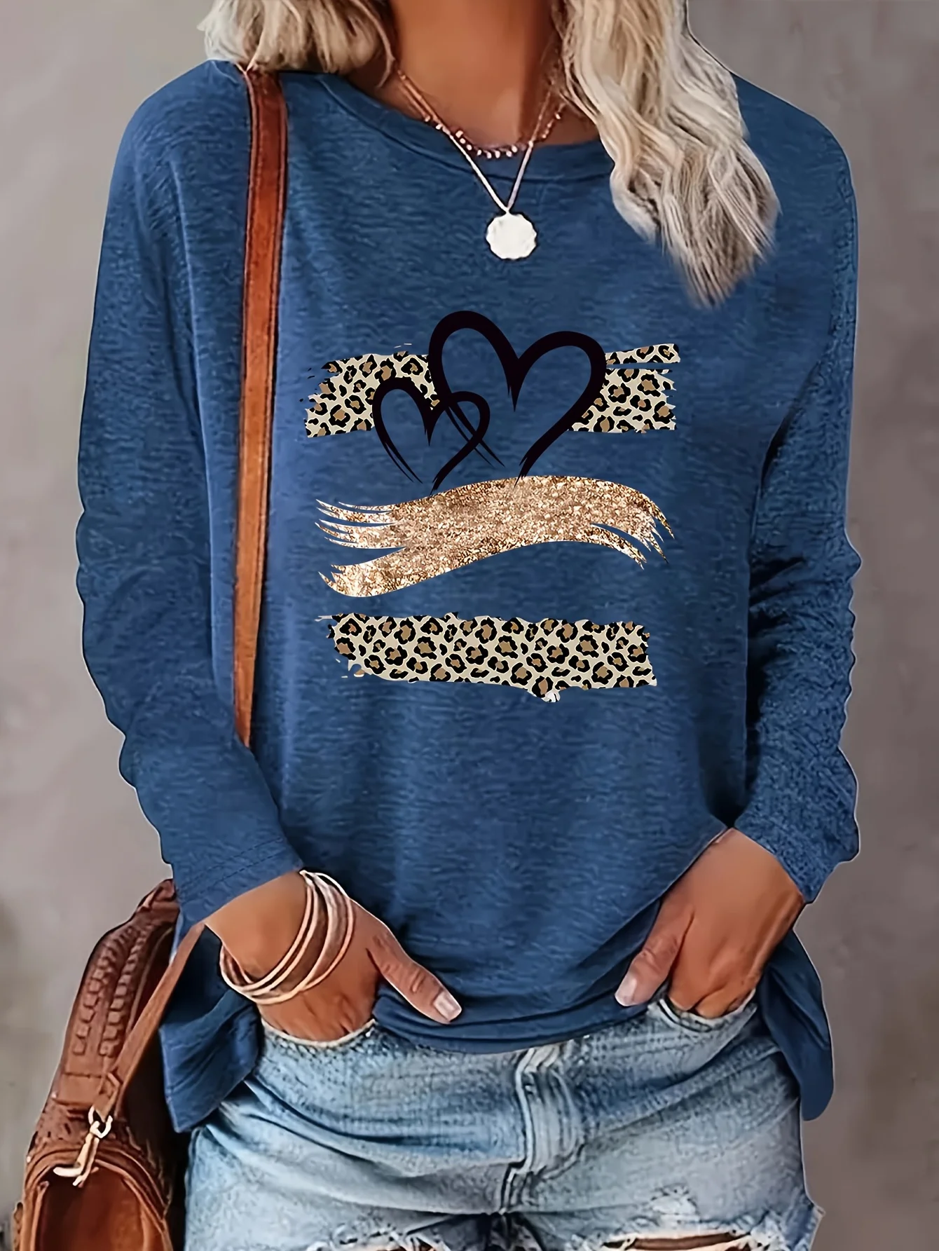 Women's Leopard Heart Print Sweatshirt Dark Grey Gold Long Sleeve Crew Neck Top