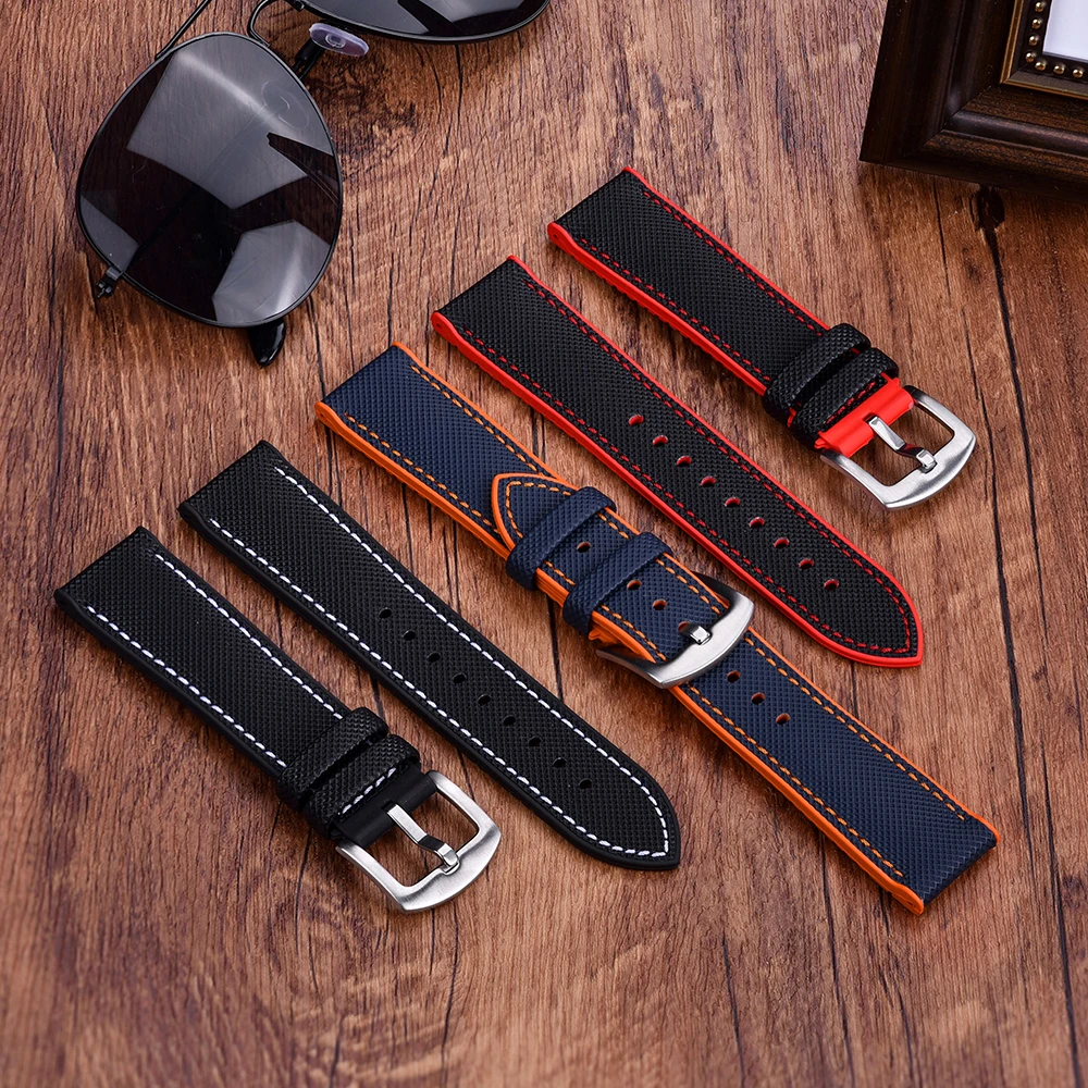 Leather+Rubber Watch Strap Leather Watchband 20mm 22mm Rubber Strap Sports Waterproof Strap for Men Women Wristwatch Replacement