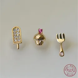 Funny Creative Fork Ice Cream Cake 925 Sterling Silver Earrings for Women Students Cute 14K Gold Plated Jewelry Accessories