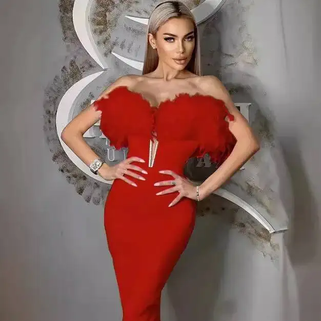 

Women Dresses Sexy Temperament High-end Bandage Dress Deep V Feather Strapless Sexy Gown Evening Dresses Elegant Party Dresses