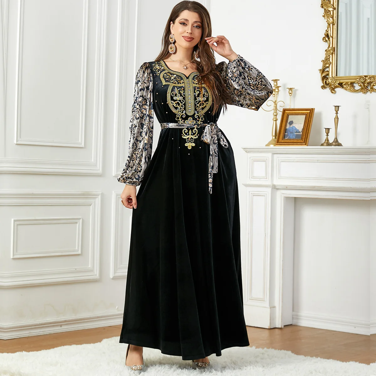 3787 Muslim Robe Autumn/Winter Velvet Spliced Beaded Women's Dress Elegant Long Dress