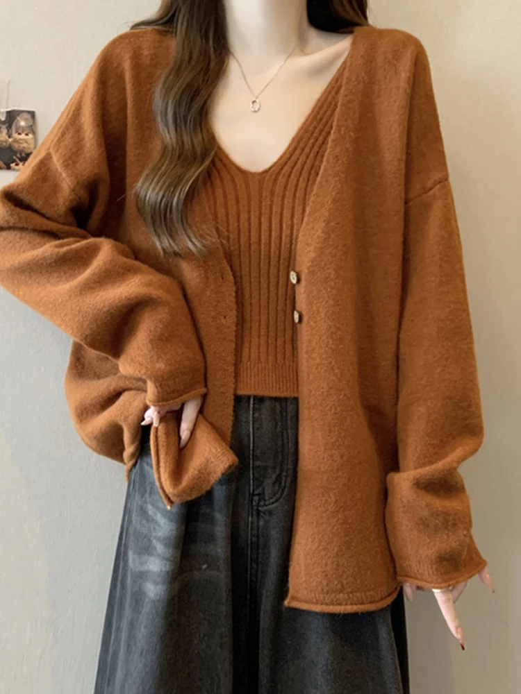 

Кардиган-комбинезон из двух частей с V-образным вырезом, вязаный, свободного кроя, для женщин, осенне-зимний, повседневный, свитер-жакет