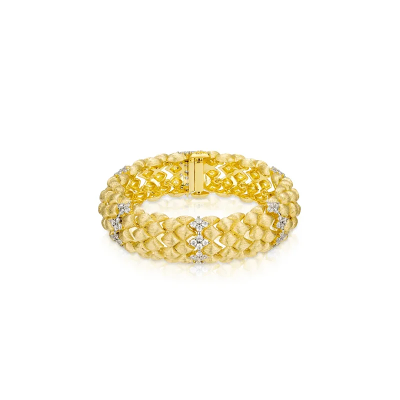 Cameo Italy Brushed Gold Plated Wide Bangle Bracelet Textured Woven Design Cubic Zirconia Inlaid Cuff Bracelet Vintage Jewelry