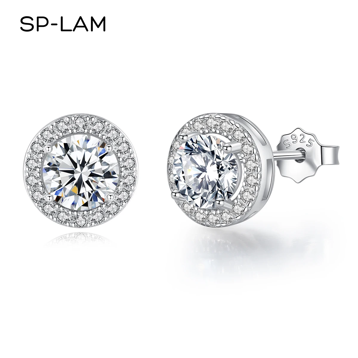 

SP-LAM Bling Earring Sterling Silver 925 Jewellery Round Halo Woman 1 Ct Moissanite Iced Out Certified Stud Ear Ring Jewelry