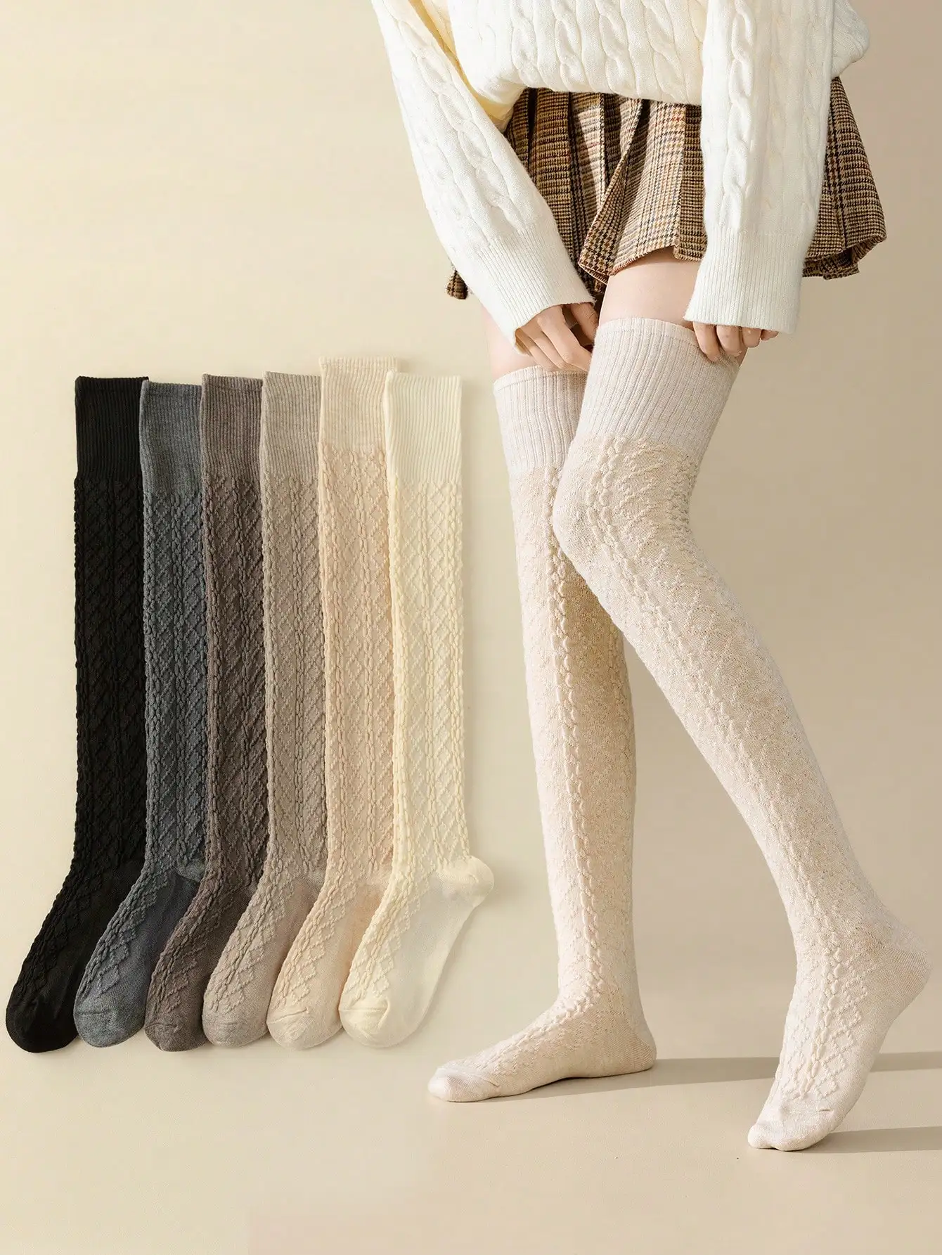 

Women's Over-the-Knee Socks with Cable Knit Design, Soft Thigh High Stockings for Daily & Y2K Style, 6 Colors