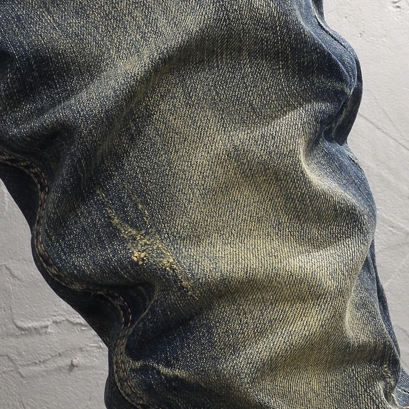 Street Fashion New Men's Jeans Vintage Blue Elastic Slim Fit Split Jeans Wash Water Nostalgic Hip Hop Brand Pants