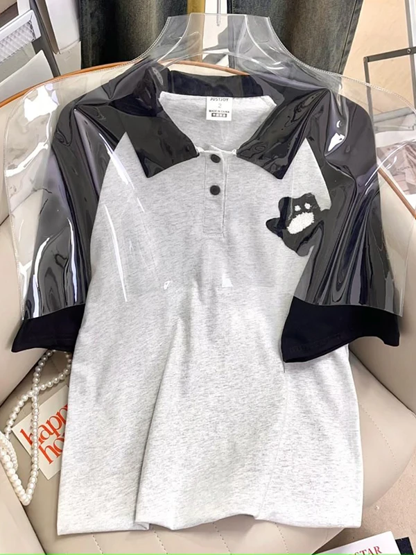 

Extra Large 2300lbs Pure Cotton American Retro Cartoon Embroidery Ne Body irt Loose ort Sve Oversized Top