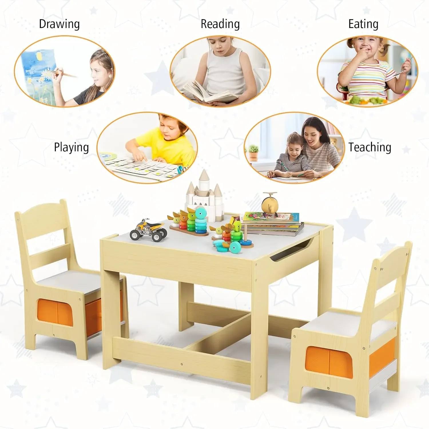 Kids Table and Chair Set, 3 in 1 Wooden Activity Table with Storage Drawer, Detachable Tabletop for Children Drawing