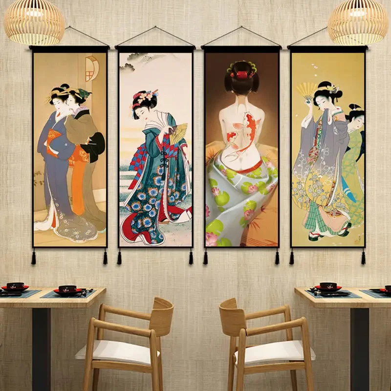 Japanese Style Ladies Picture Background Wall Fabric Tapestry Ukiyo-e Art Restaurant Living Room Hanging Cloth Painting