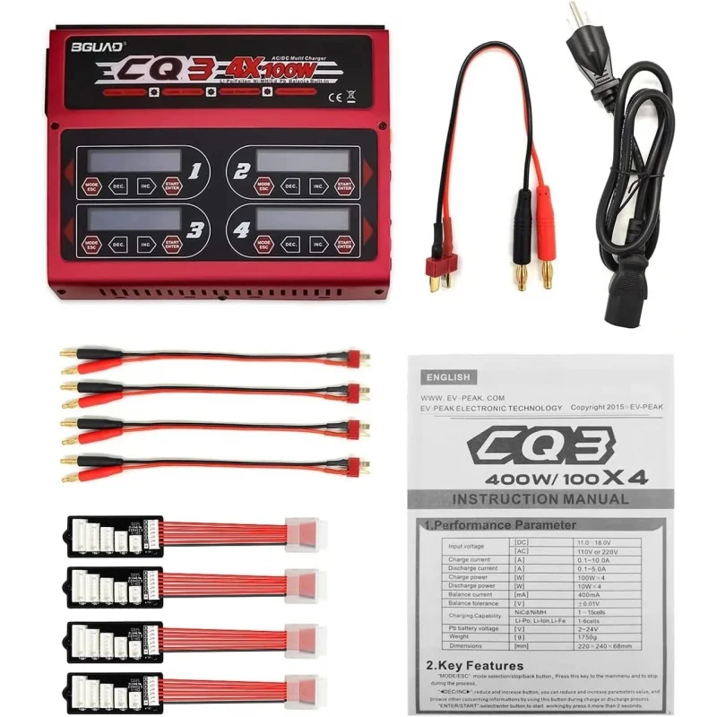 BGUAD CQ3 10A 100W 1-6S 100Wx4/10Ax4 Balance Charger with JST_XH Adapter Board for LiPo Life NiMH NiCd Battery