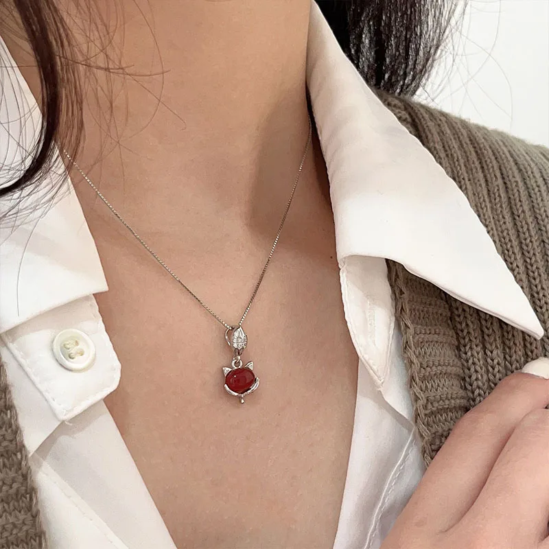 China-Chic Fox Pendant S925 Sterling Silver Inlaid Red Agate Diy Bracelet Necklace Accessories