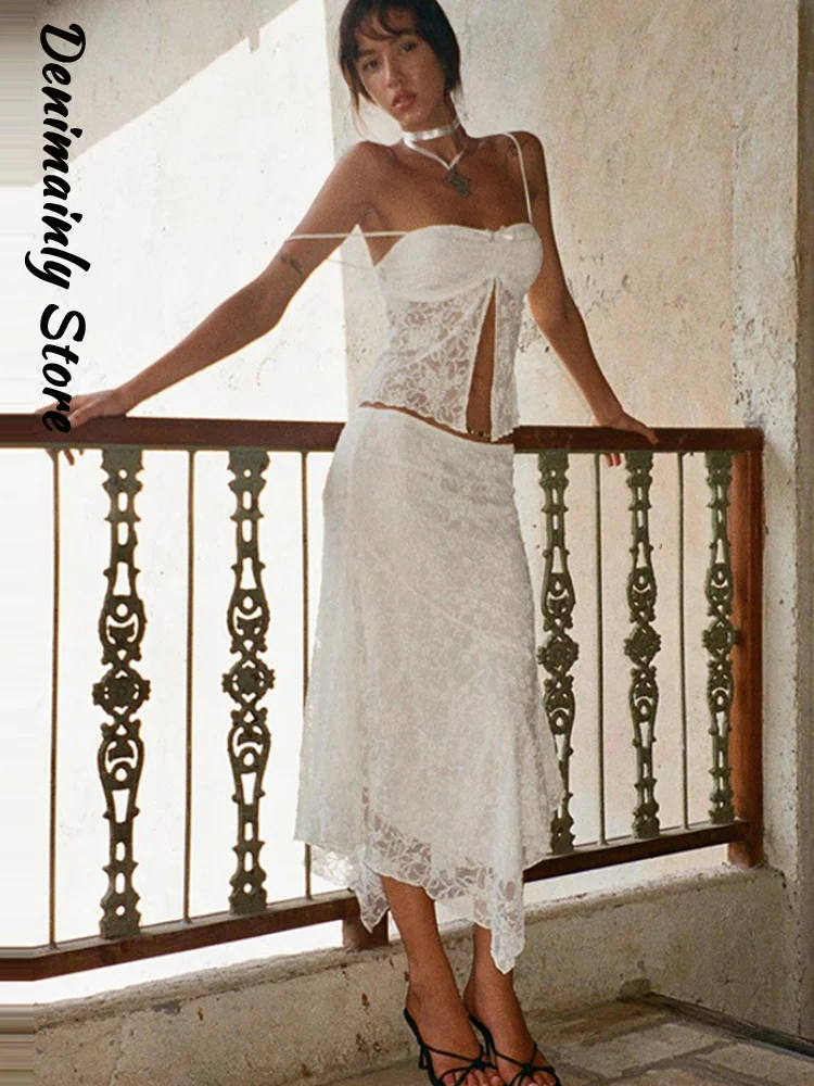 Fashion Women's Lace Sling Slit Top Skirt Sets Hollow Out Patchwork Vest Irregular Long Skirts 2026 Summer Beach Holiday Suit