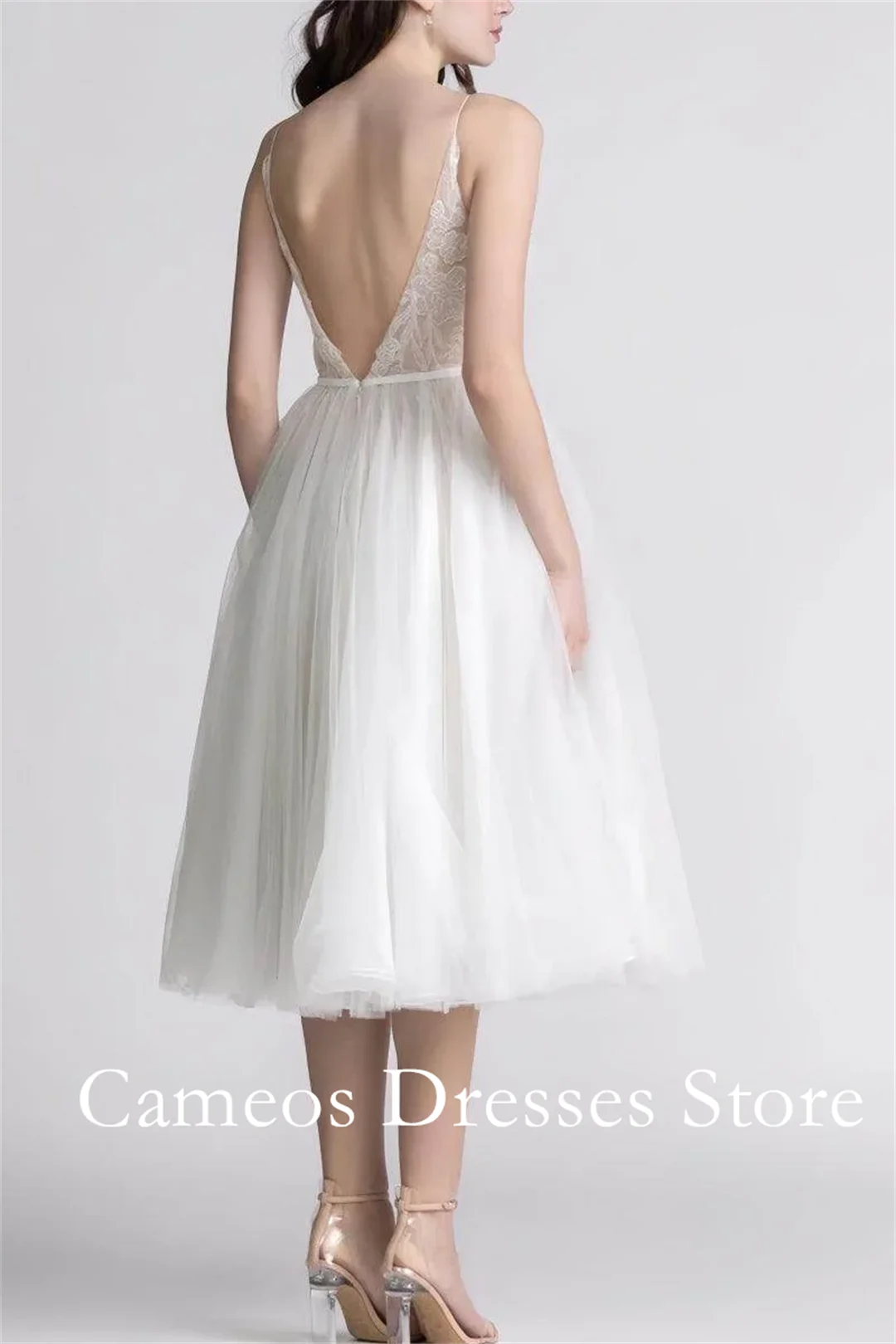 SONDR Customized Spaghetti Straps Backless Ivory Wedding Dresses A-Line Knee Length Tulle Brides Gowns Women Bridal Dresses