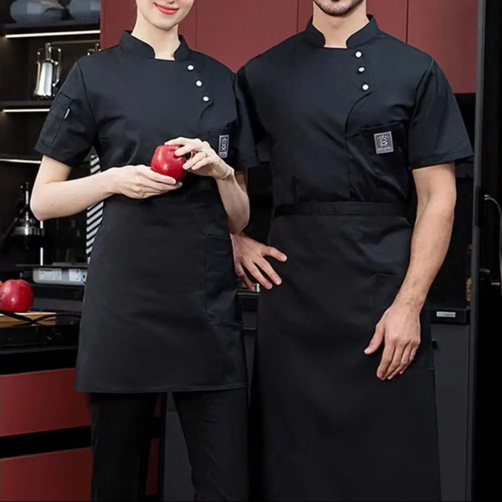 Chef Top Short Sleeves Solid Color Pocket Buckle Unisex Catering Work Clothes Plus Size Bakery Restaurant Chef Uniform Canteen C
