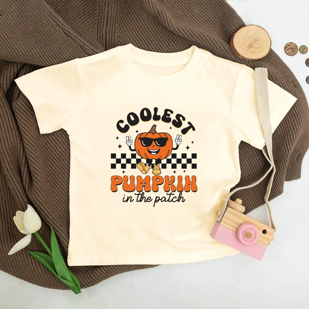 Coolest Pumpkin in The Patch Print Kids Shirt Boys Girls Autumn Holiday Retro T-shirt Top Child Thanksgiving Hallween Outfit Tee