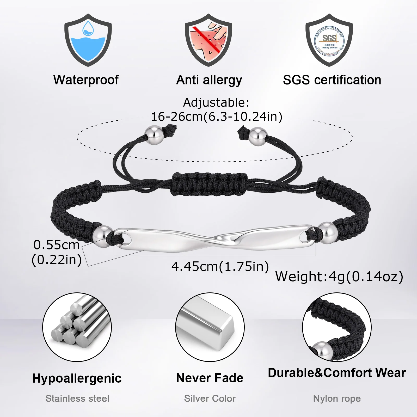 Möbius Paar-Armband für Männer und Frauen, Wasserdichtes Edelstahl-Nylonseil Gewebtes Verstellbares Armband, Jubiläumsgeschenk – Detail 1