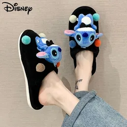 Disney Stitch Cotton Plush Fuzzy Slippers for Women Large Size Homewear Shoes Winter Student Dormitory Cute Cartoon Warm Shoes