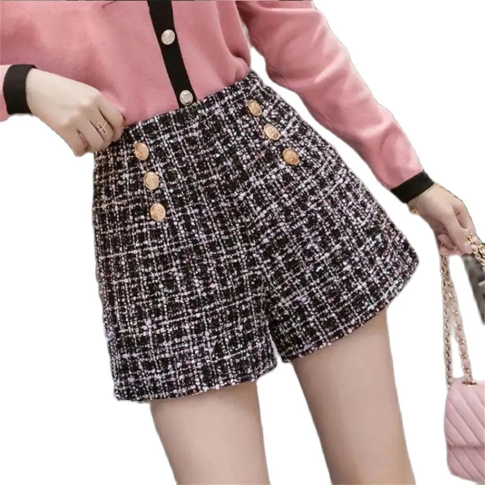 Women Casual Loose Ladies Fashion Spring Autumn Slim Button Shorts All-match New High Waist Tweed Shorts