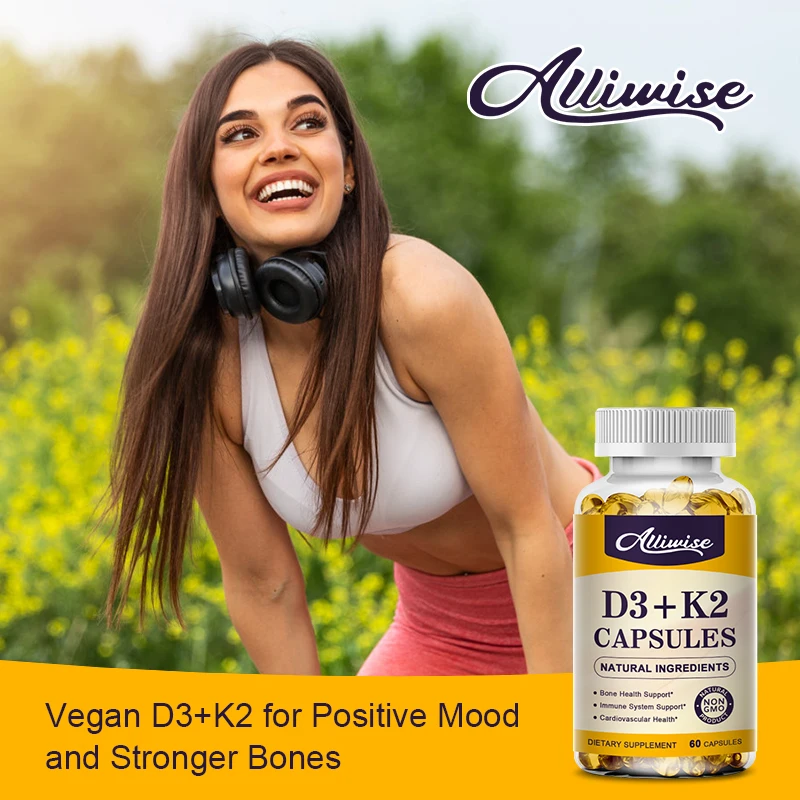 Alliwise  Vitamin D3 + K2 Capsules Supports Calcium for Stronger Bones Immune Health VC VK Complex Dietary Supplement for Adults