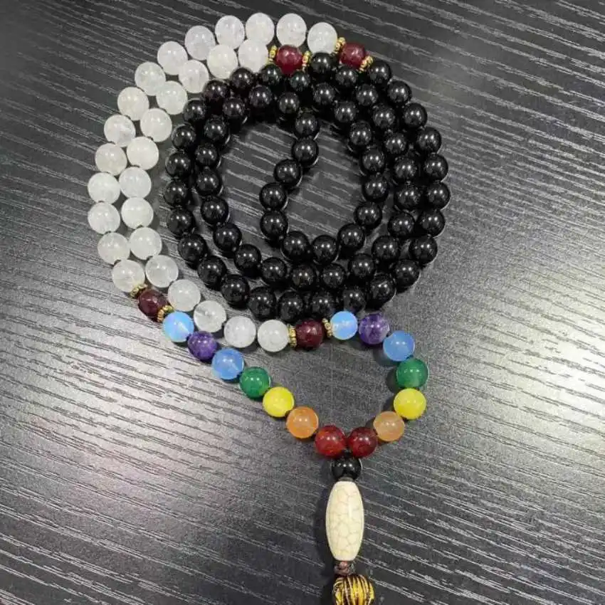 6mm black agate beads  white chalcone 7 chakra knot necklace Yoga Bohemian Gemstone Sacred wear Spiritual Tranquility Zen Prayer