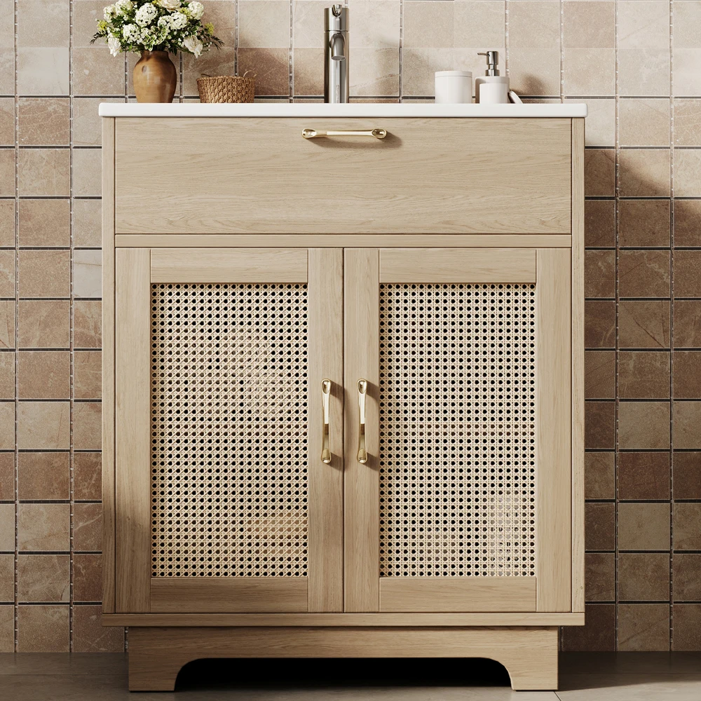 76x46x88cm badkamerkast, met lade-oplifter en dubbele soft-close deuren, hoge poten met rotandetails, keramische badkamerwastafel