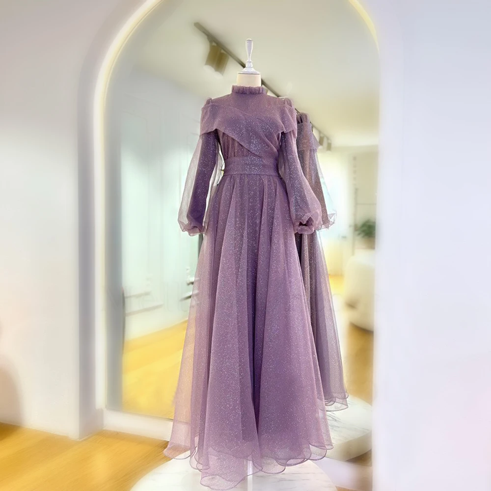 Dreamy Purple Muslim Evening Dresses Women's Sequins Lilac Lace Neck Homecoming Clothes Party Gowns Violet Prom Dress Gala Robe