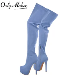 Onlymaker Womens Flock Platform Over The Knee Boots Thin Heel Fashion Thigh High Boots