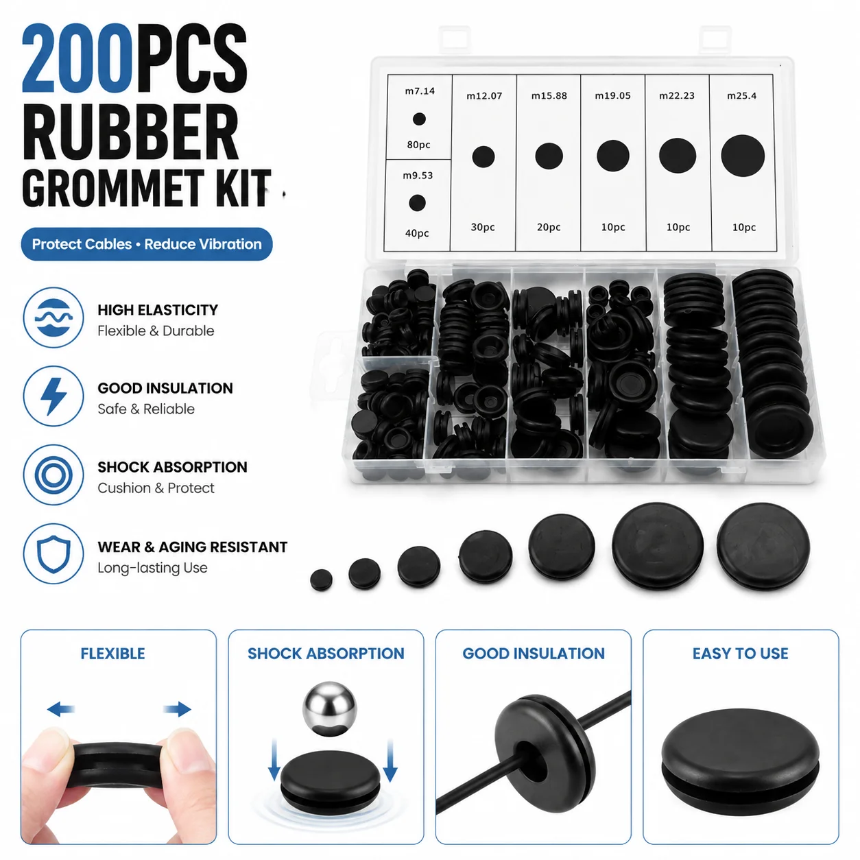 Multi Functional Black 200 Piece Rubber Combination Kit Sealing Ring, Cabinet Home Appliance Cable Protective Gasket