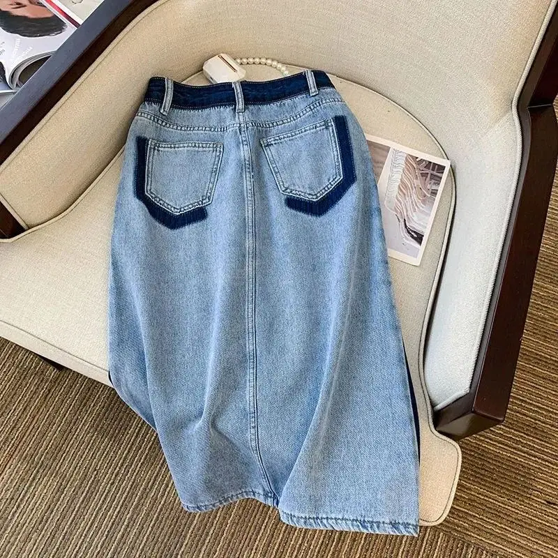 Zomer Casual Modieuze Denim Rok Met Hoge Taille 2023 Koreaanse Eenvoud All-Match Zakken Gesplitste Split Rok Dameskleding