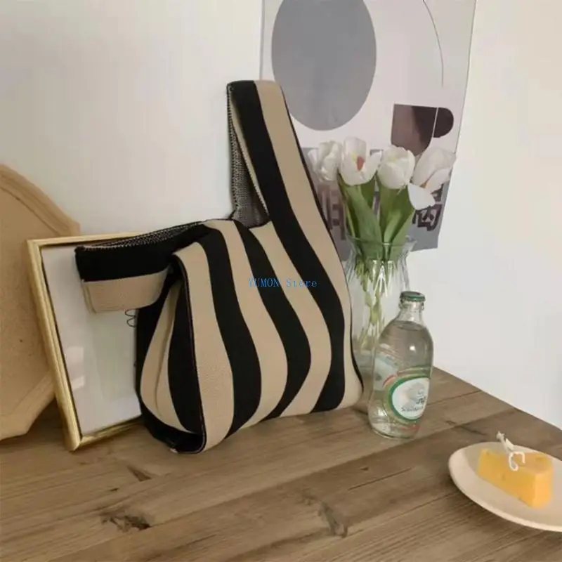 D0UD Fashion Striped Women Handbag Designer Knitting Shoulder Bag for Female Purse