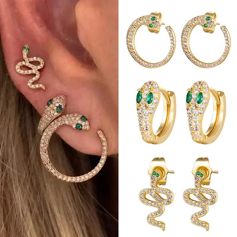 Iced Out Snake Earrings For Women Ins Trend Green Eye Zircon Gold Color Hyperbole Ear Hoops Girls Cartilage Accessories KCE258