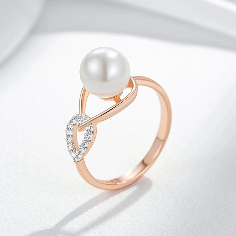 Wbmqda Luxury Pearl Women\'s Rings 585 Rose Gold Silver Color Ethnic Wedding Party Fine Zircon Jewelry Accessories