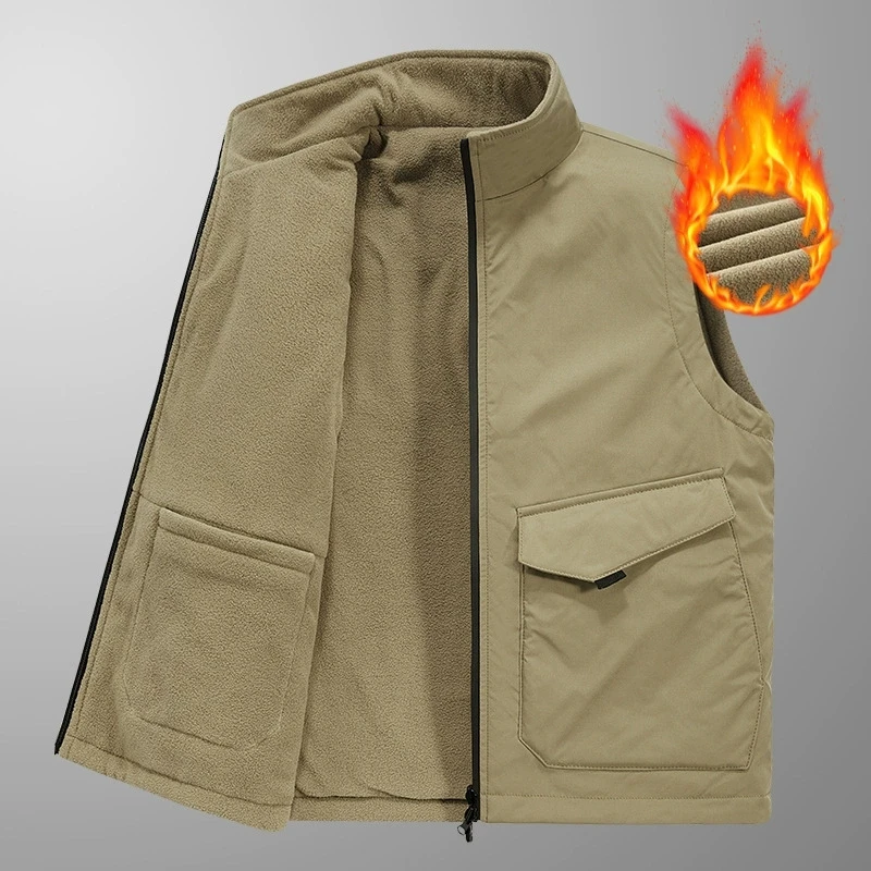 Men's Autumn Winter Leisure Vest Solid Color Stand-Up Collar Tooling Style Waistcoat Multi-Pocket Hiking Sleeveless Outdoor Vest