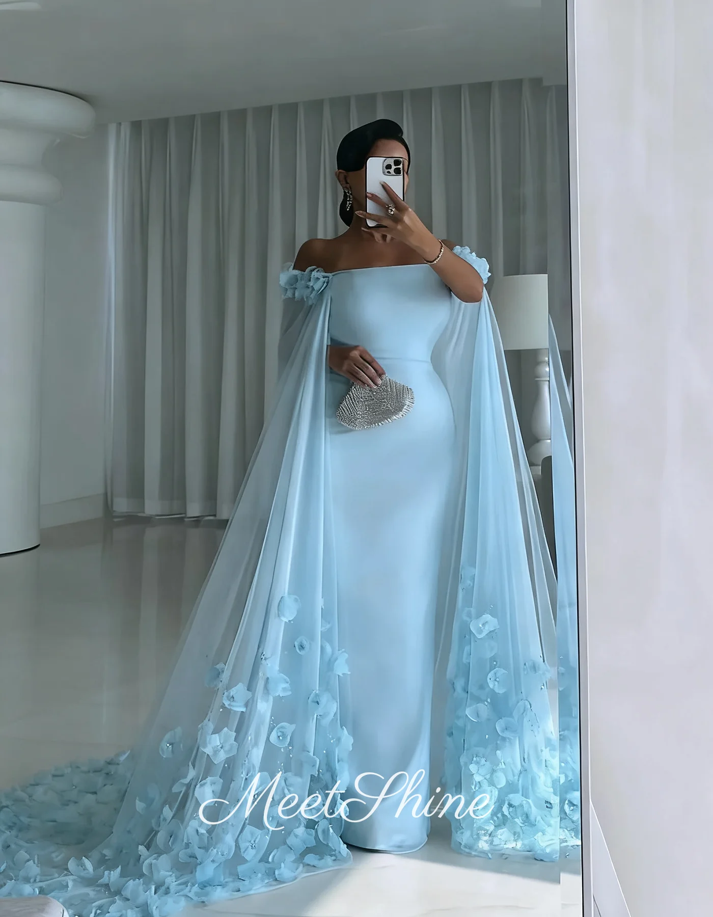 Vestidos de fiesta de noche con flores 3D de sirena elegante azul cielo, románticos con capa, vestidos de graduación personalizados, vestido para ocasiones formales para mujer