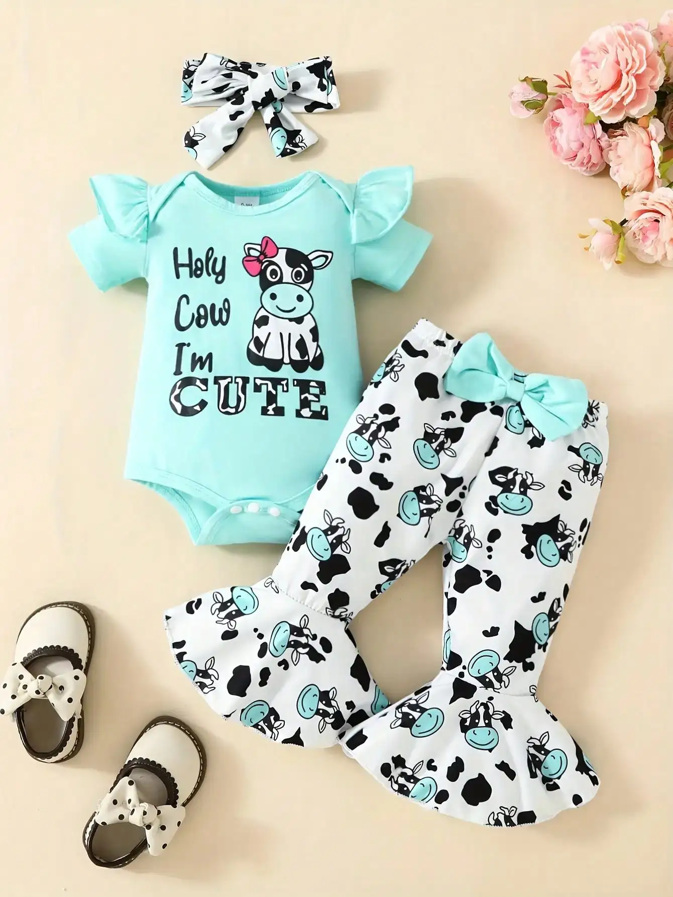 

Toddler Girl 3-Piece Outfit "Holy Cow I'm Cute" - Mint Green Romper, Flared Pants & Headband