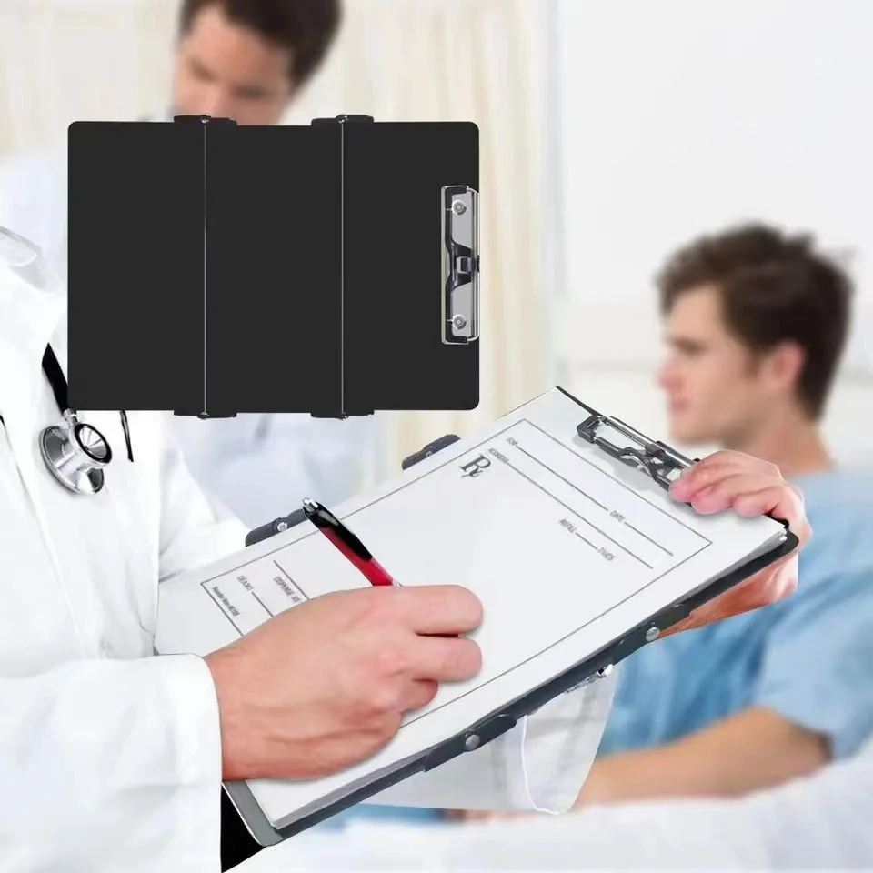 Portable foldable nursing writing board, metal vertical file three fold clip, enhances portability and organization