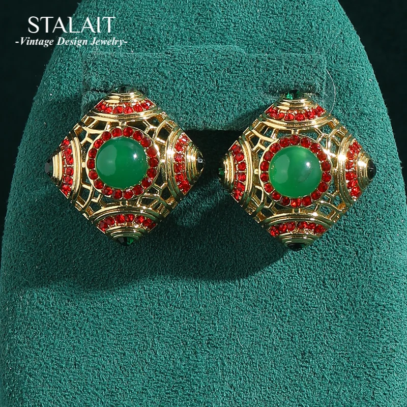 

Luxury Designer Gold Color Enamel Green Earrings Jade Square Palace Glazed Hollow Vintage Jewelry High Quality Accessories 2025