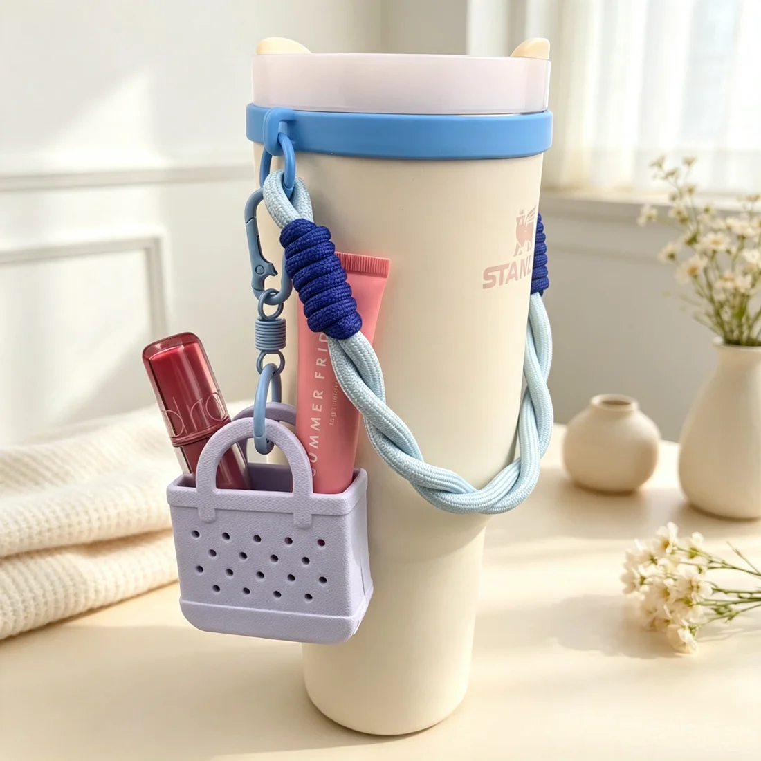 2styles Water Bottle Handle Strap with silicone Cup Carrier  Holder Sling Ring Simulation Beach Bag Keychain Women's Bag Pendant