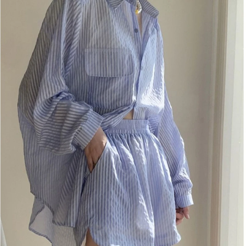 2026 Summer New Hot Selling Fresh Striped Thin Long Sleeved Shirt Top and Shorts Two-piece Set for Women
