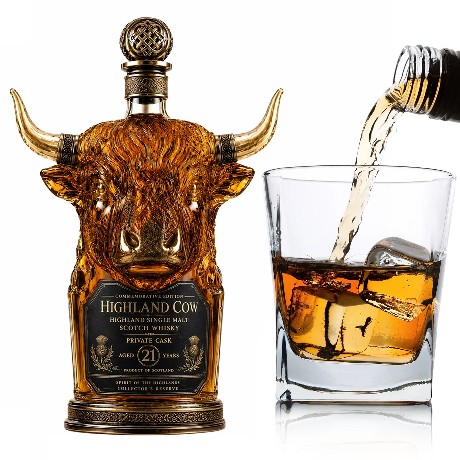 Glass Whisky Decanter Bottle Highland Cow Animal Figurine Desktop Bar Ornament Novelty Gift